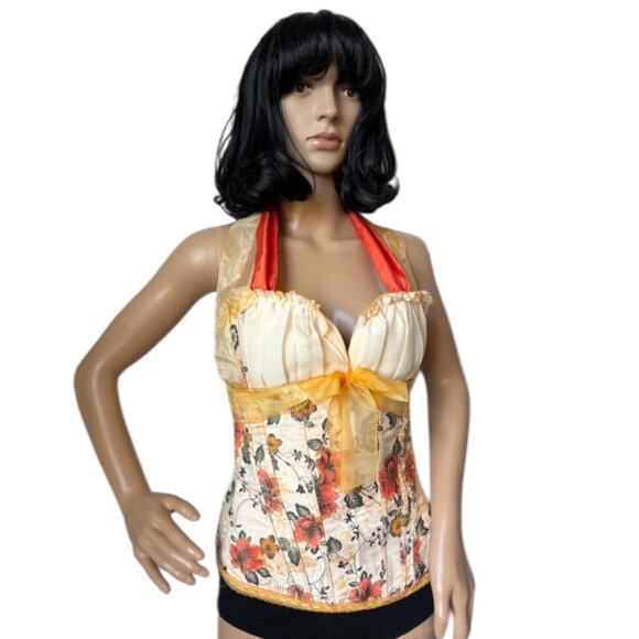 Vintage Handmade Floral Halter Lace-Up Corset Top with Ribbon Ties small - Picture 2 of 16